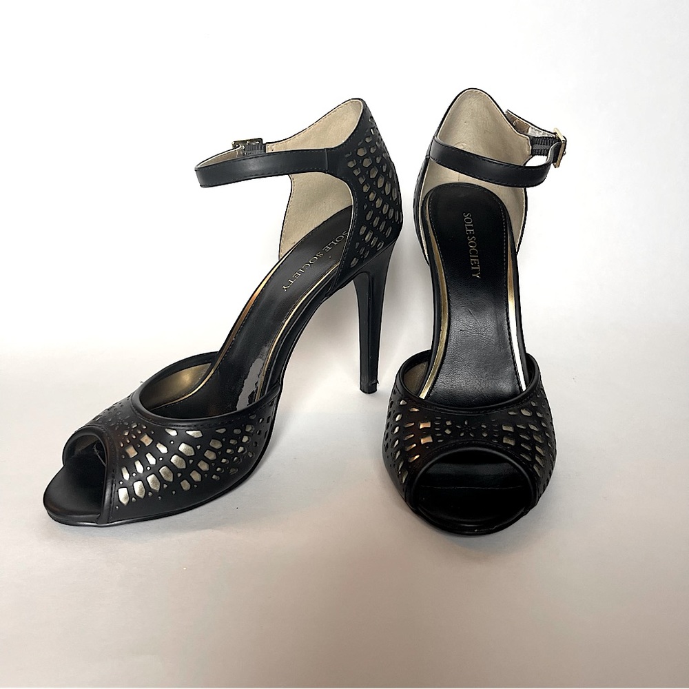 Sole Society - Black & Gold Ankle Strap, Peep-Toe Heels, Size 7